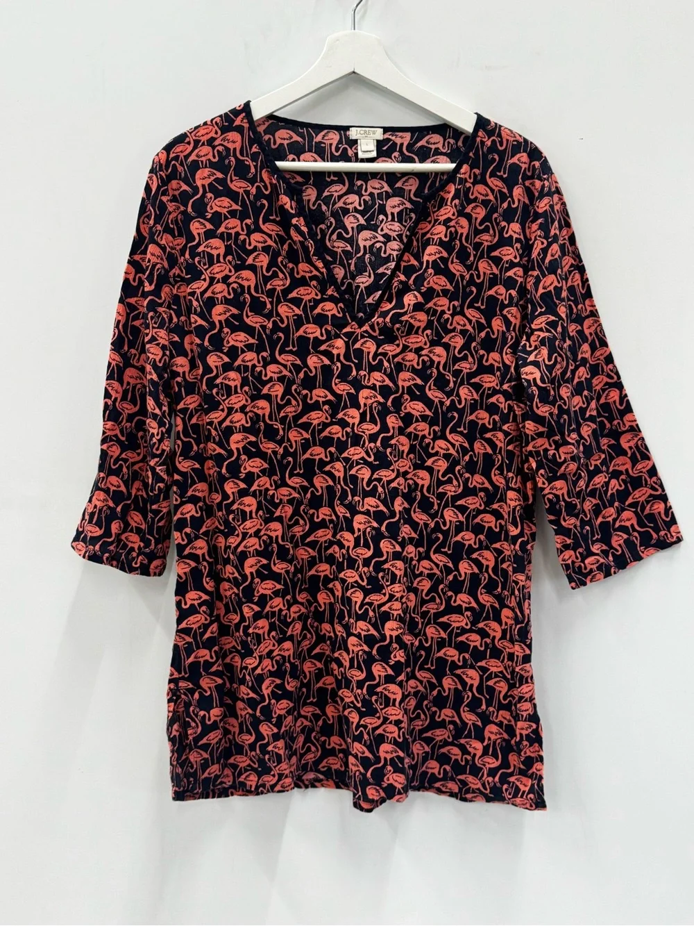 J Crew Factory Navy Pink Flamingo V Neck Tunic Dress Coverup Cotton Size Large